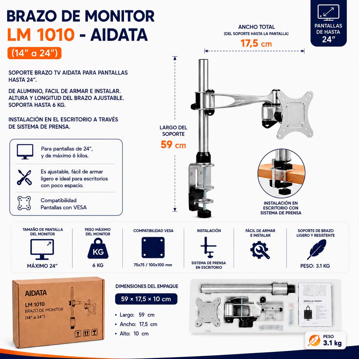 AIDATA - Soporte de Brazo Para Monitor - AIDATA (14'' a 24'') -LM 1010