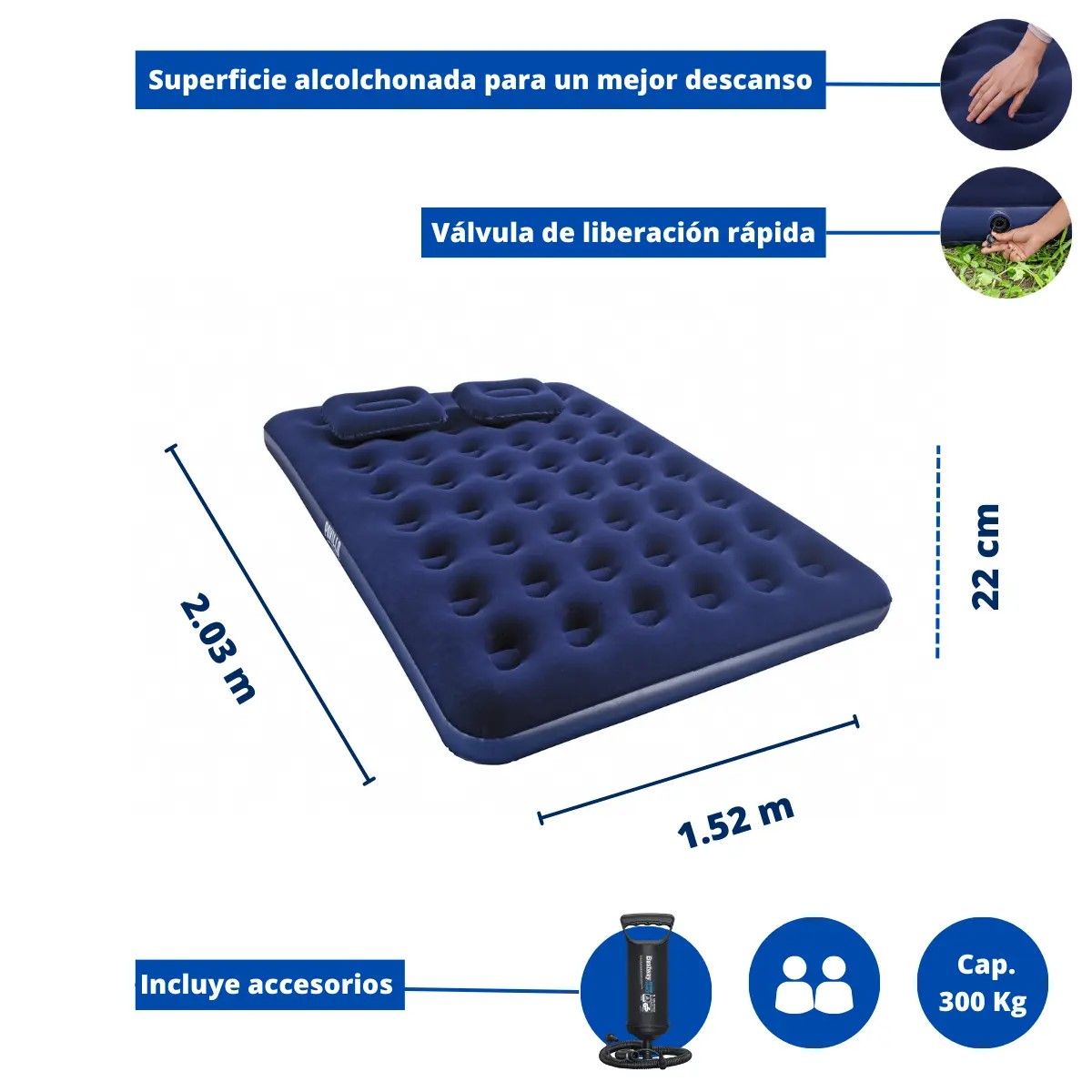 GENERICO - Colchón Cama Inflable 2 Plazas + 2 Almohadas + Inflador  BELUG