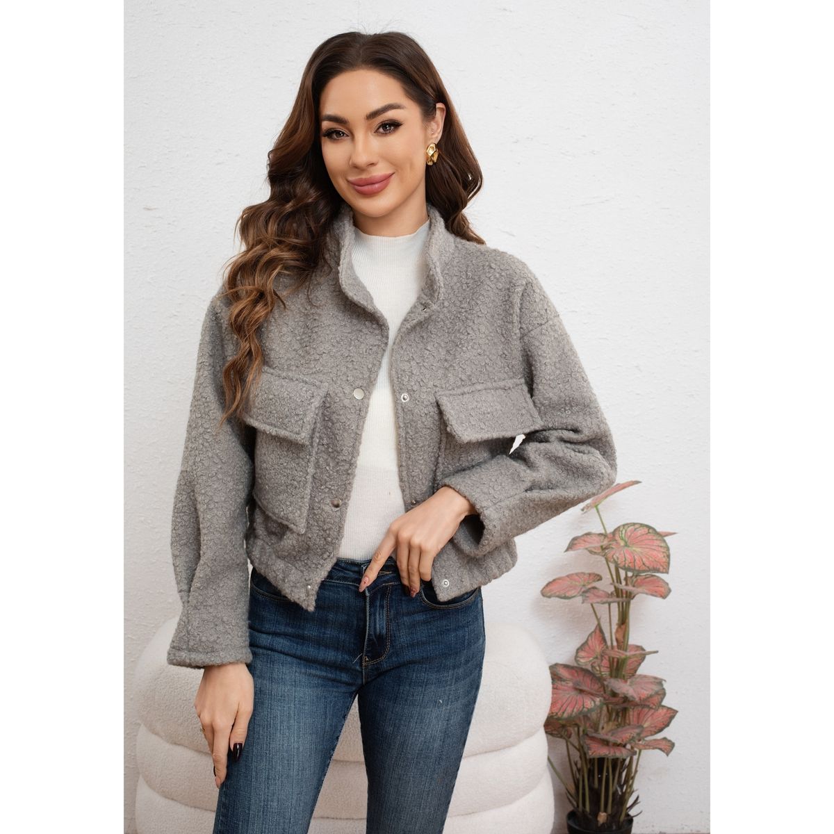 LIKE SHOP - Chaqueta Mujer Tipo Teddy Corderito Broches Bolsillo Invierno 6087