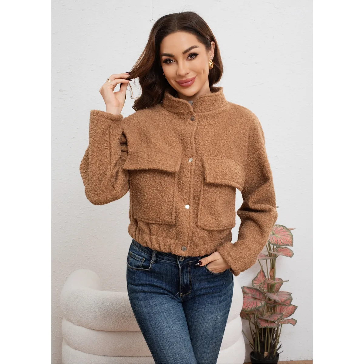 LIKE SHOP - Chaqueta Mujer Tipo Teddy Corderito Broches Bolsillo Invierno 6087