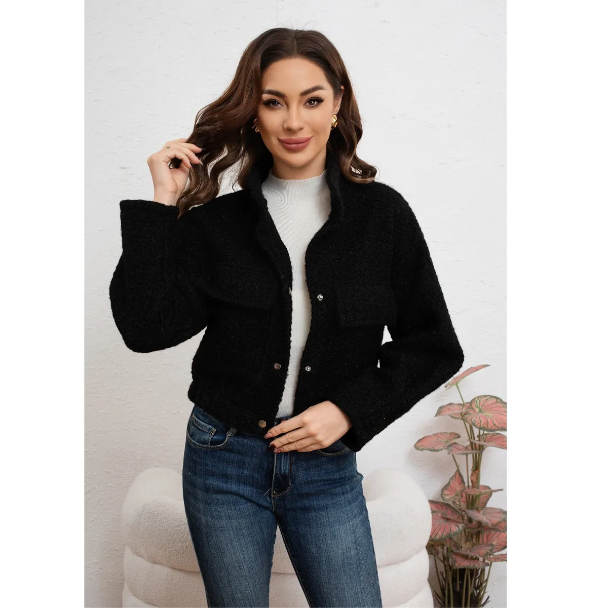 LIKE SHOP - Chaqueta Mujer Tipo Teddy Corderito Broches Bolsillo Invierno 6087