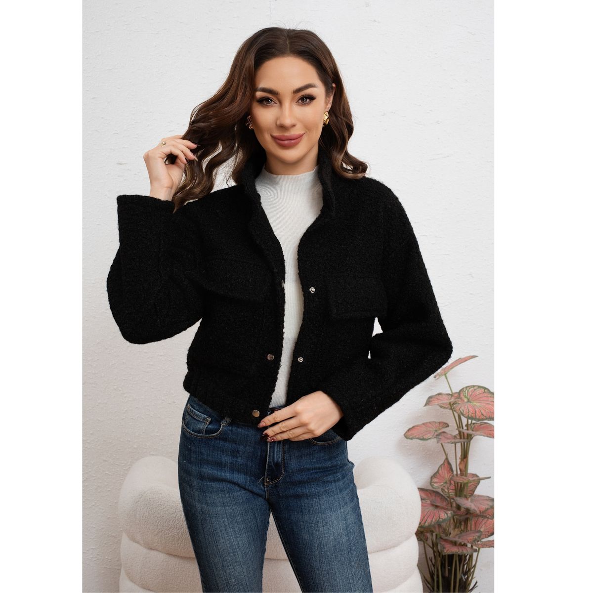 LIKE SHOP - Chaqueta Mujer Tipo Teddy Corderito Broches Bolsillo Invierno 6087