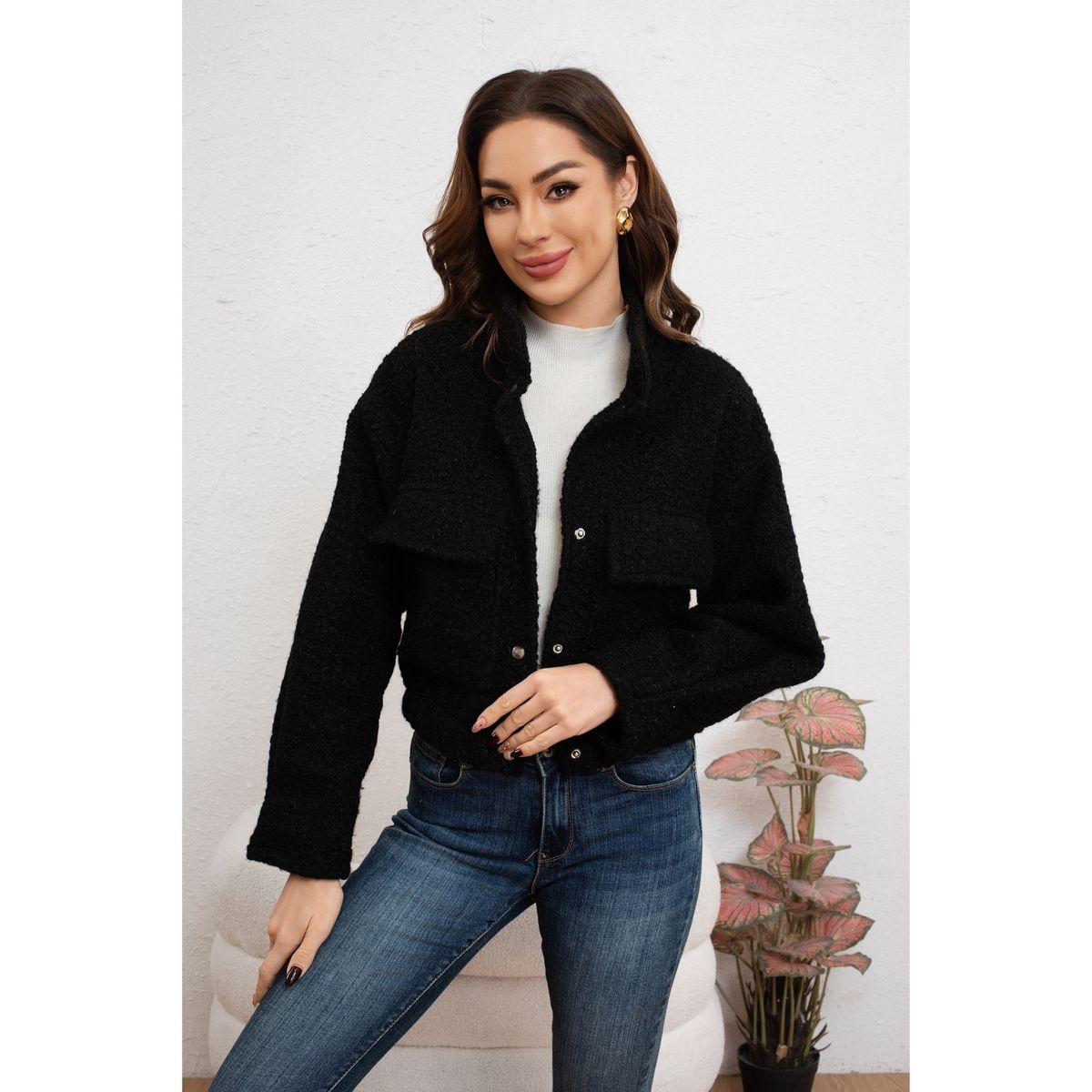 LIKE SHOP - Chaqueta Mujer Tipo Teddy Corderito Broches Bolsillo Invierno 6087