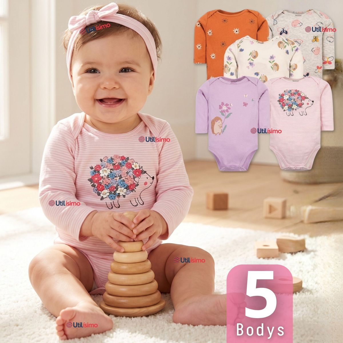 TEDMIMAK - Pack 5 Bodys Manga Larga 100% Algodón Tedmimak Pink Blossom Bebé Niña