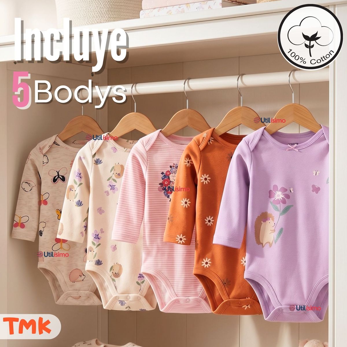 TEDMIMAK - Pack 5 Bodys Manga Larga 100% Algodón Tedmimak Pink Blossom Bebé Niña