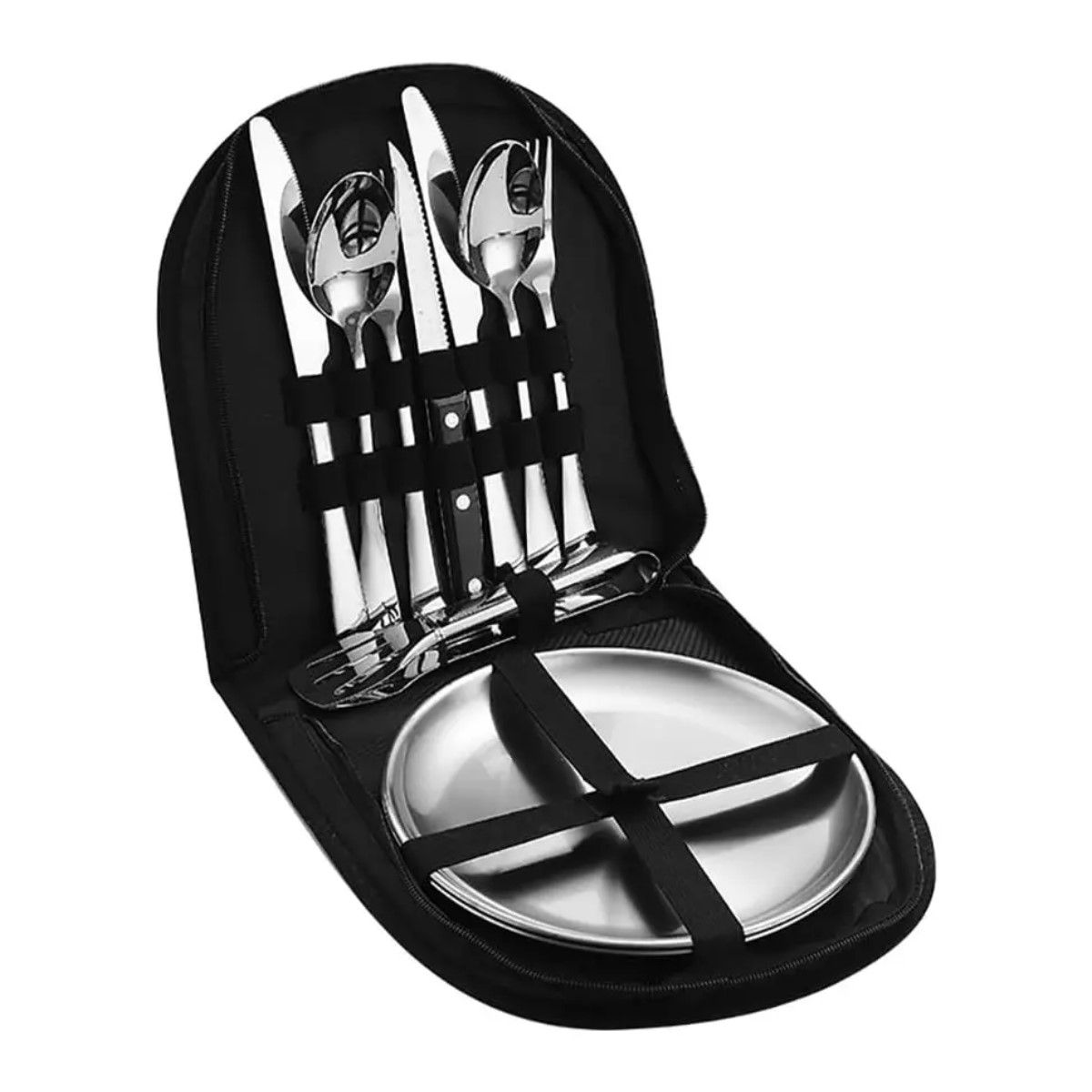 GENERICO - Set Camping Acero Inox Organizador + Cubiertos Completos BELUG