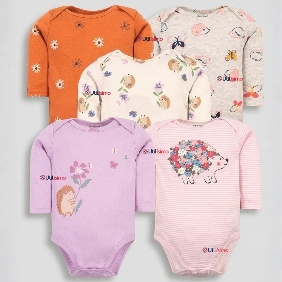TEDMIMAK - Pack 5 Bodys Manga Larga 100% Algodón Tedmimak Pink Blossom Bebé Niña