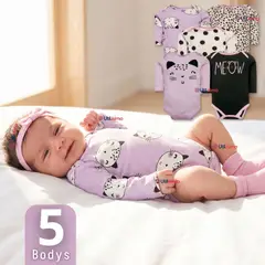TEDMIMAK - Pack 5 Bodys Manga Larga 100% Algodón Lilac Cats Bebé Niña