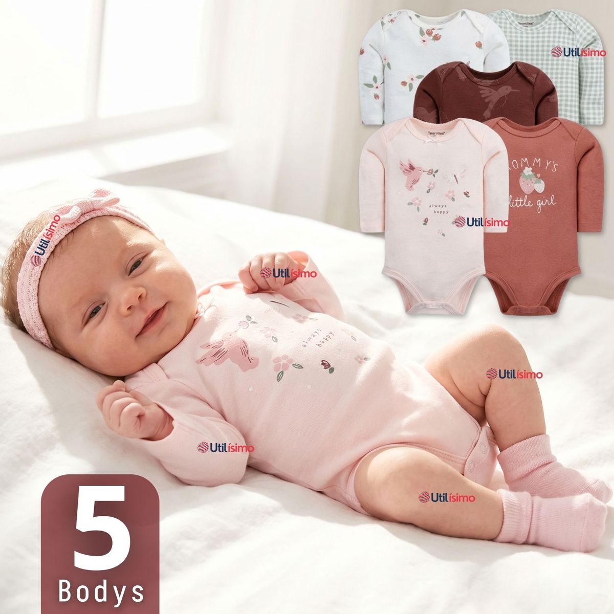 TEDMIMAK - Pack 5 Bodys Manga Larga 100% Algodón Tedmimak Sweet Nature Bebé Niña