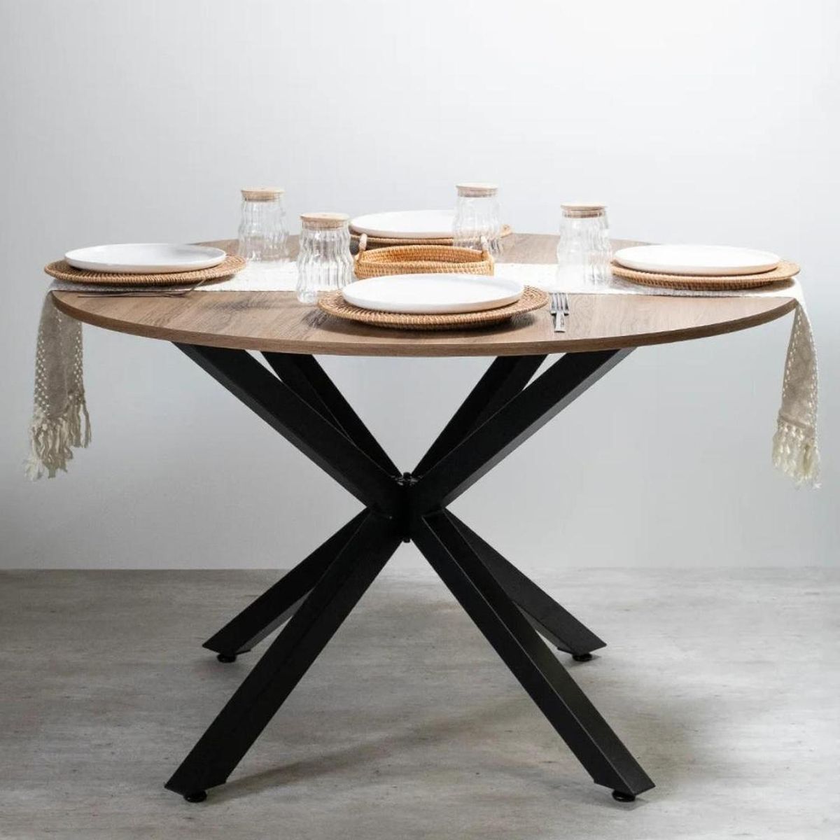 PANDALINO - Mesa Redonda 120cm Equiz - Cubierta Madera - Base X Negro