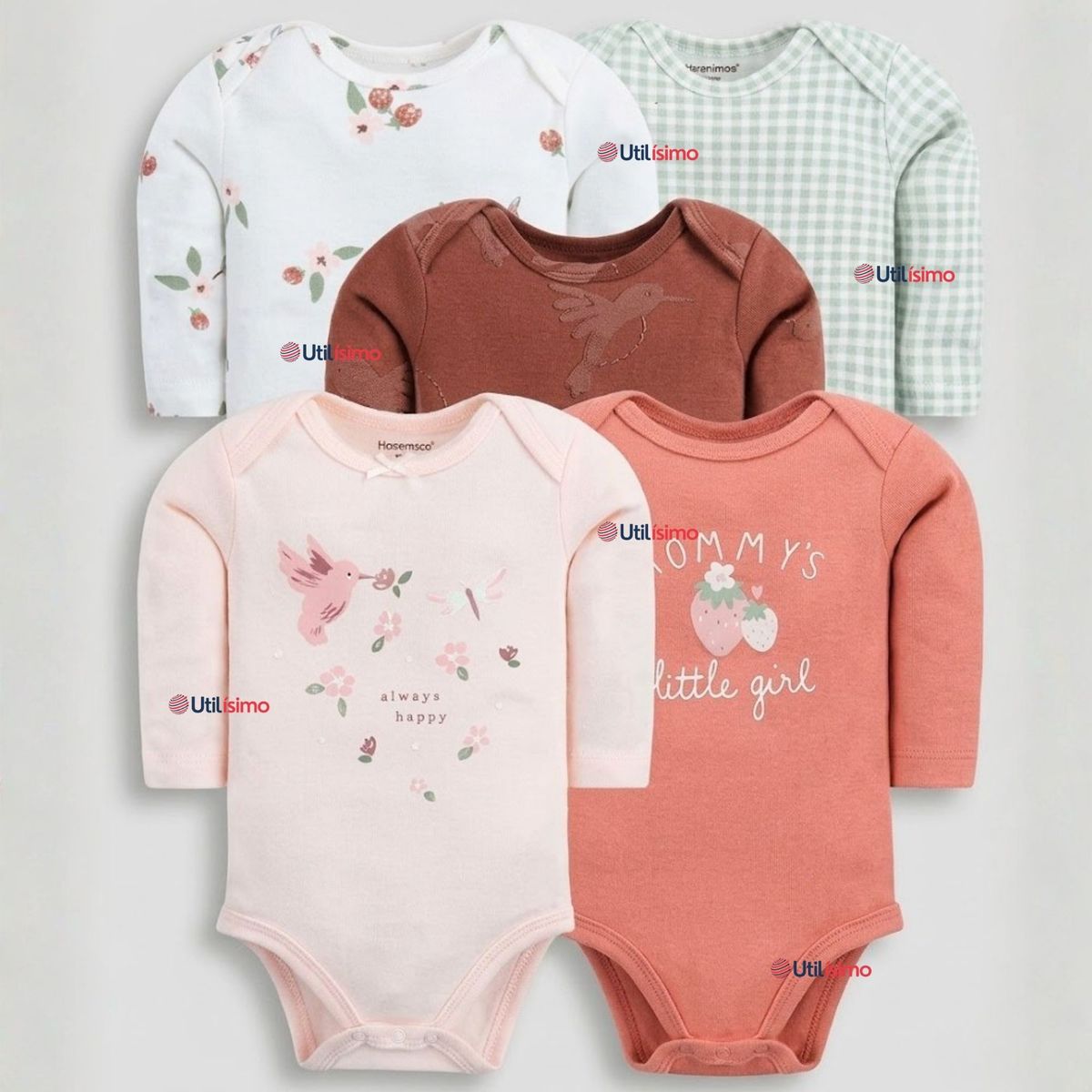 TEDMIMAK - Pack 5 Bodys Manga Larga 100% Algodón Tedmimak Sweet Nature Bebé Niña