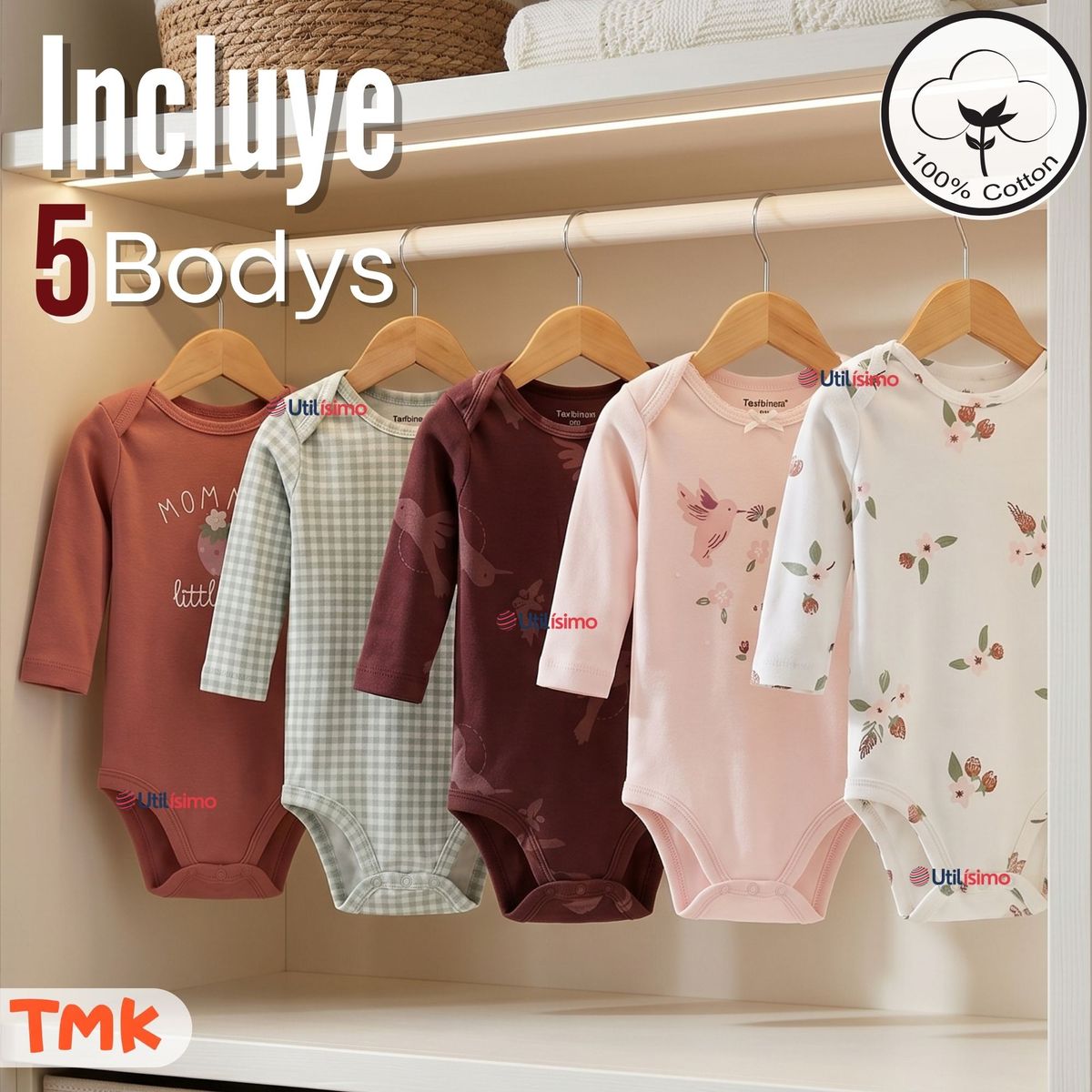 TEDMIMAK - Pack 5 Bodys Manga Larga 100% Algodón Tedmimak Sweet Nature Bebé Niña
