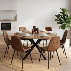 PANDALINO - Comedor Mesa Redonda Equiz 120cm Madera - Base X Negro + 6 Sillas Isidora