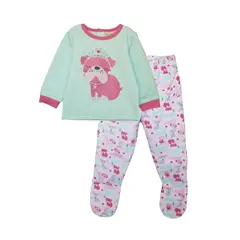 PUMUCKI - Pijama Franela Girl Verde Niña 2 Piezas con Patitas Antideslizantes
