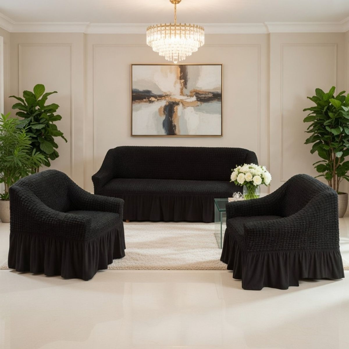 GENERICO - Juego De Fundas Para Sofa Y Sillones Turca Set Living 1+1+3 Elasticada Color  Negro