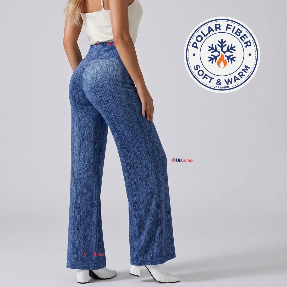 UTILISIMO - Pantalón Polar Con Chiporro Palazzo Mujer Calza Elasticada Térmica Azul Jeans