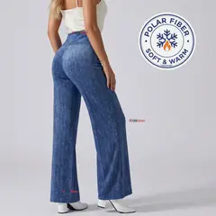 UTILISIMO - Pantalón Polar Con Chiporro Palazzo Mujer Calza Elasticada Térmica Azul Jeans