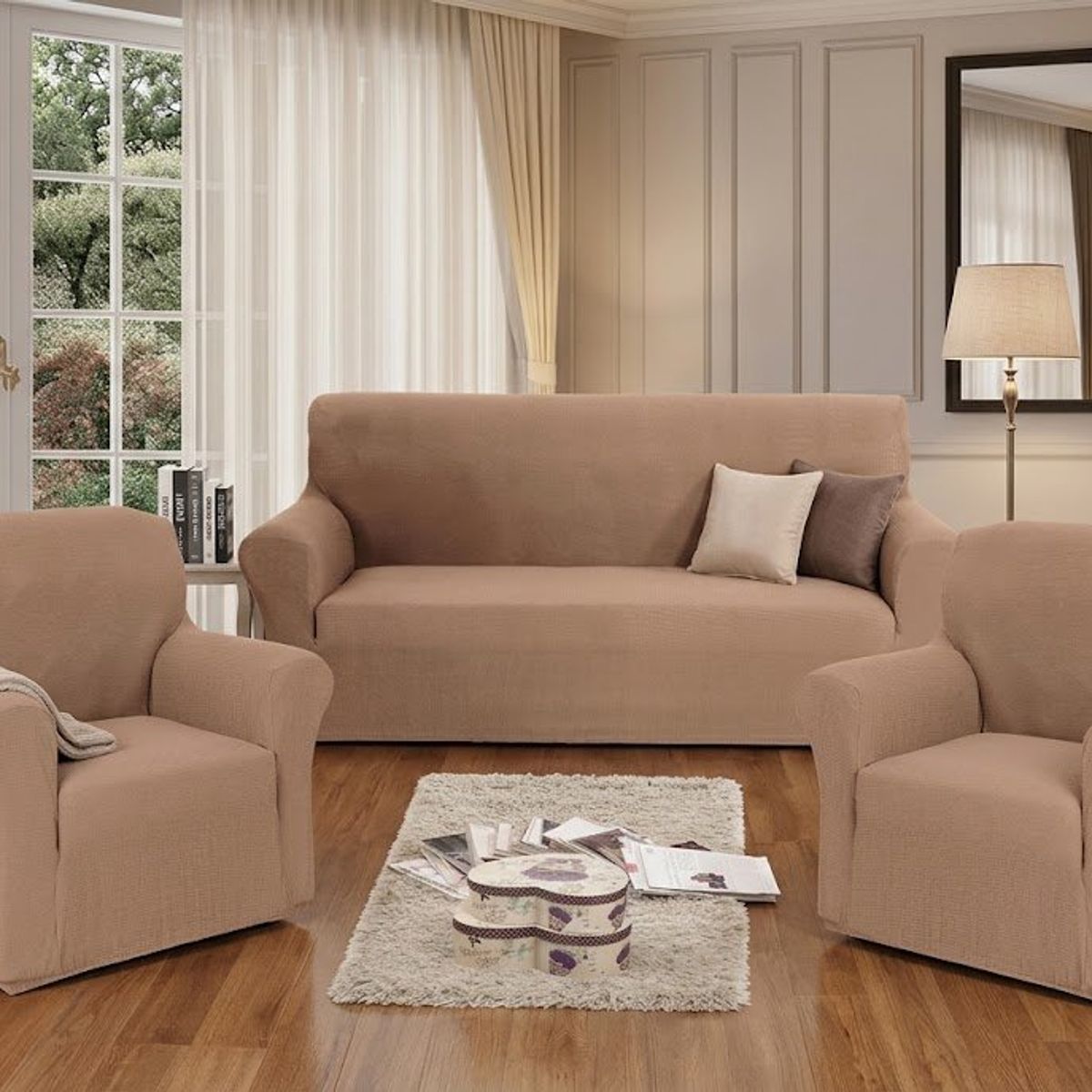GENERICO - FUNDA SILLON 3 + 1 + 1 CUERPO DISEÑO CUADRILLE MODERNO UNICOLOR CAFE CLARO MP