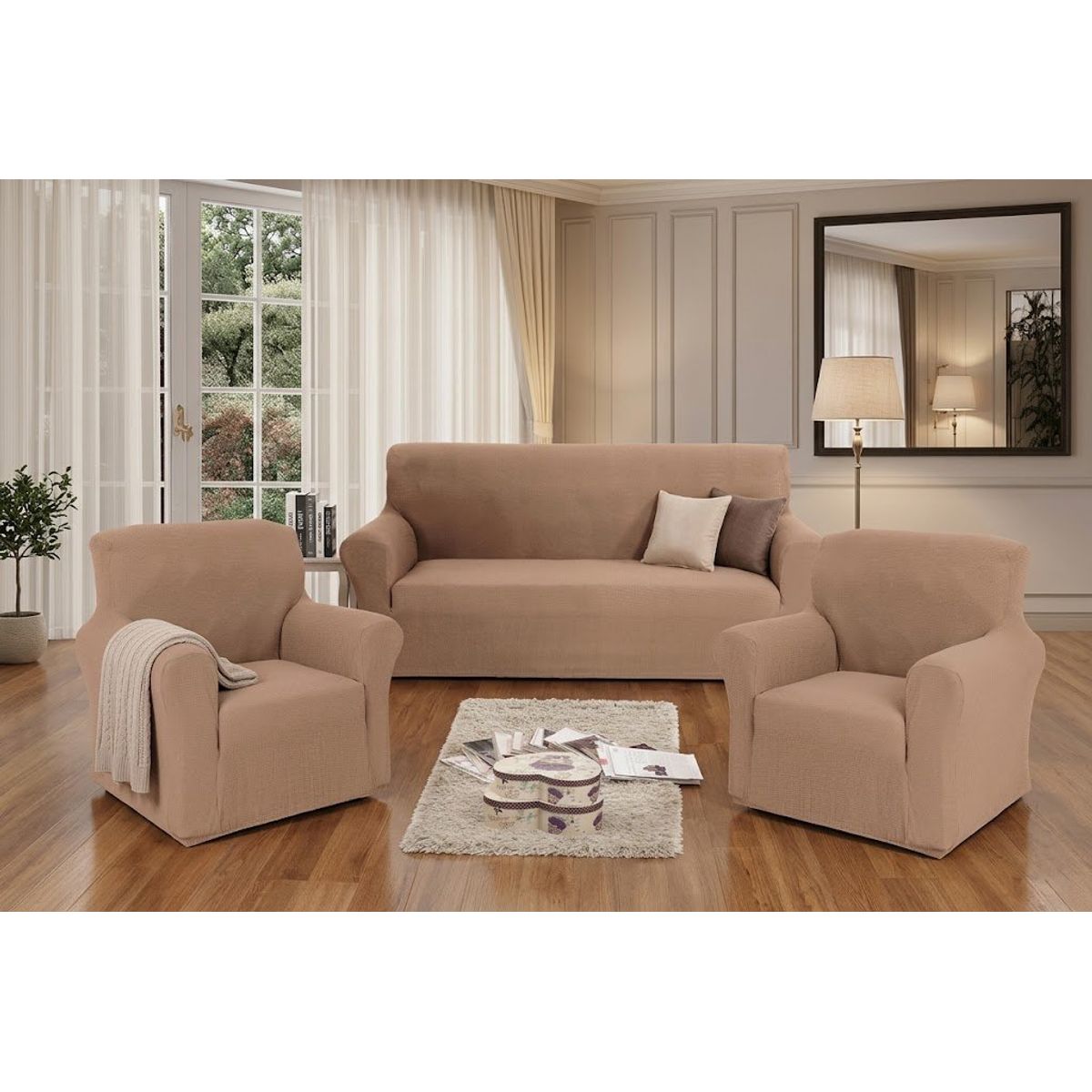 GENERICO - FUNDA SILLON 3 + 1 + 1 CUERPO DISEÑO CUADRILLE MODERNO UNICOLOR CAFE CLARO MP