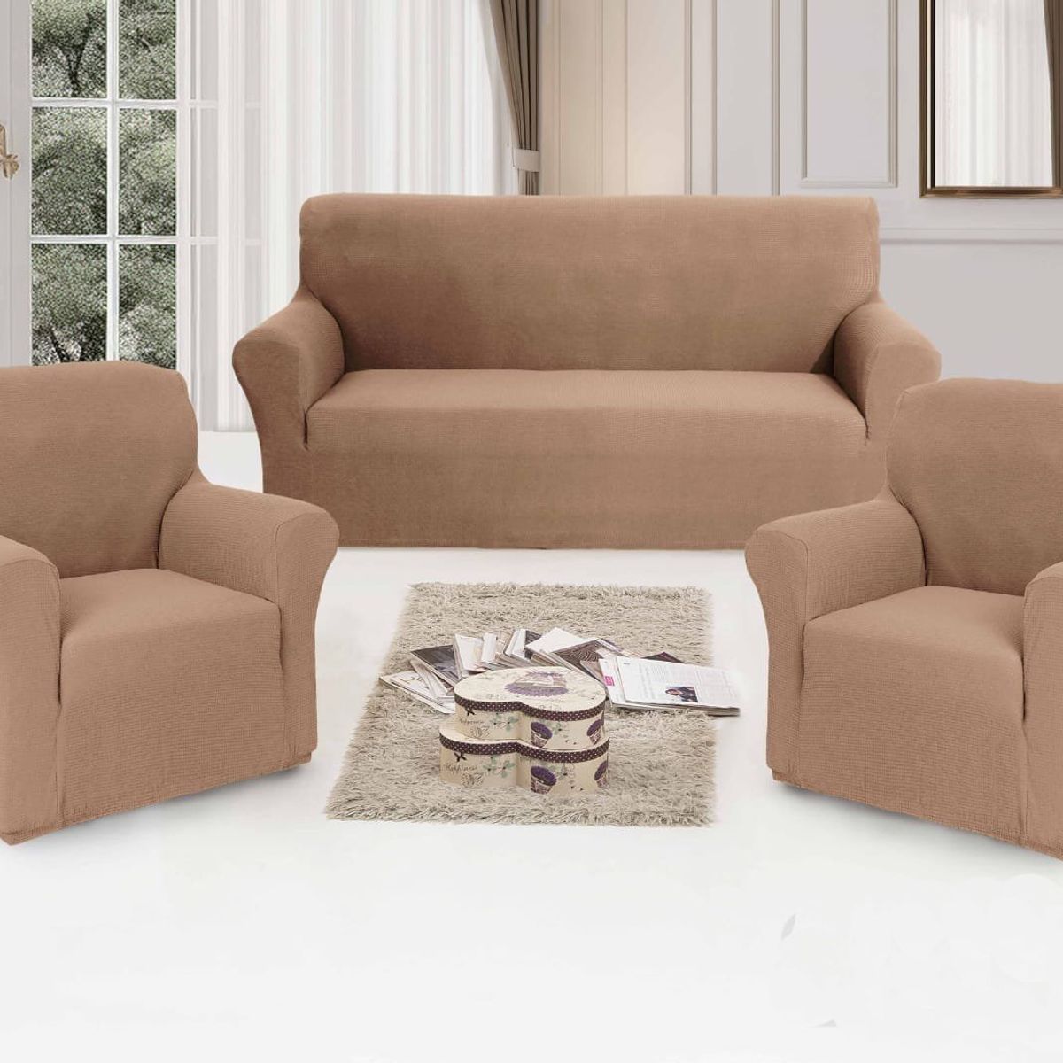 GENERICO - FUNDA SILLON 3 + 1 + 1 CUERPO DISEÑO CUADRILLE MODERNO UNICOLOR CAFE CLARO MP