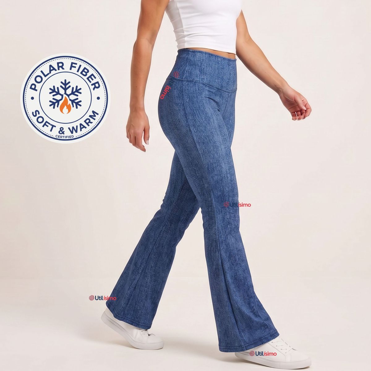 UTILISIMO - Pantalón Polar Con Chiporro Palazzo Mujer Calza Elasticada Térmica Azul Jeans