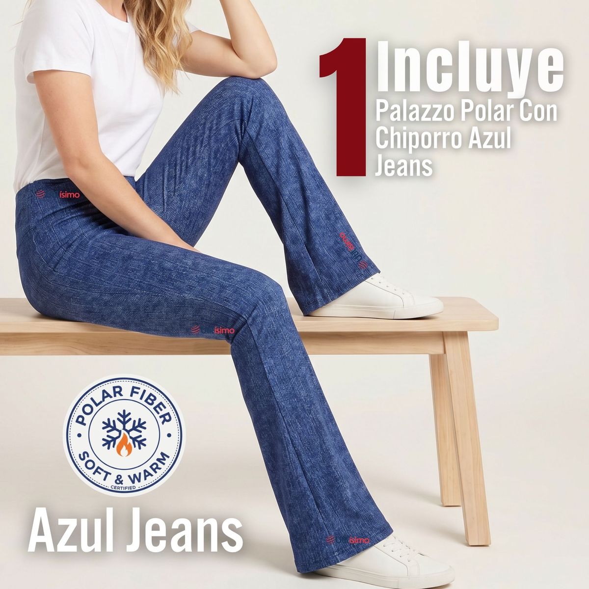 UTILISIMO - Pantalón Polar Con Chiporro Palazzo Mujer Calza Elasticada Térmica Azul Jeans