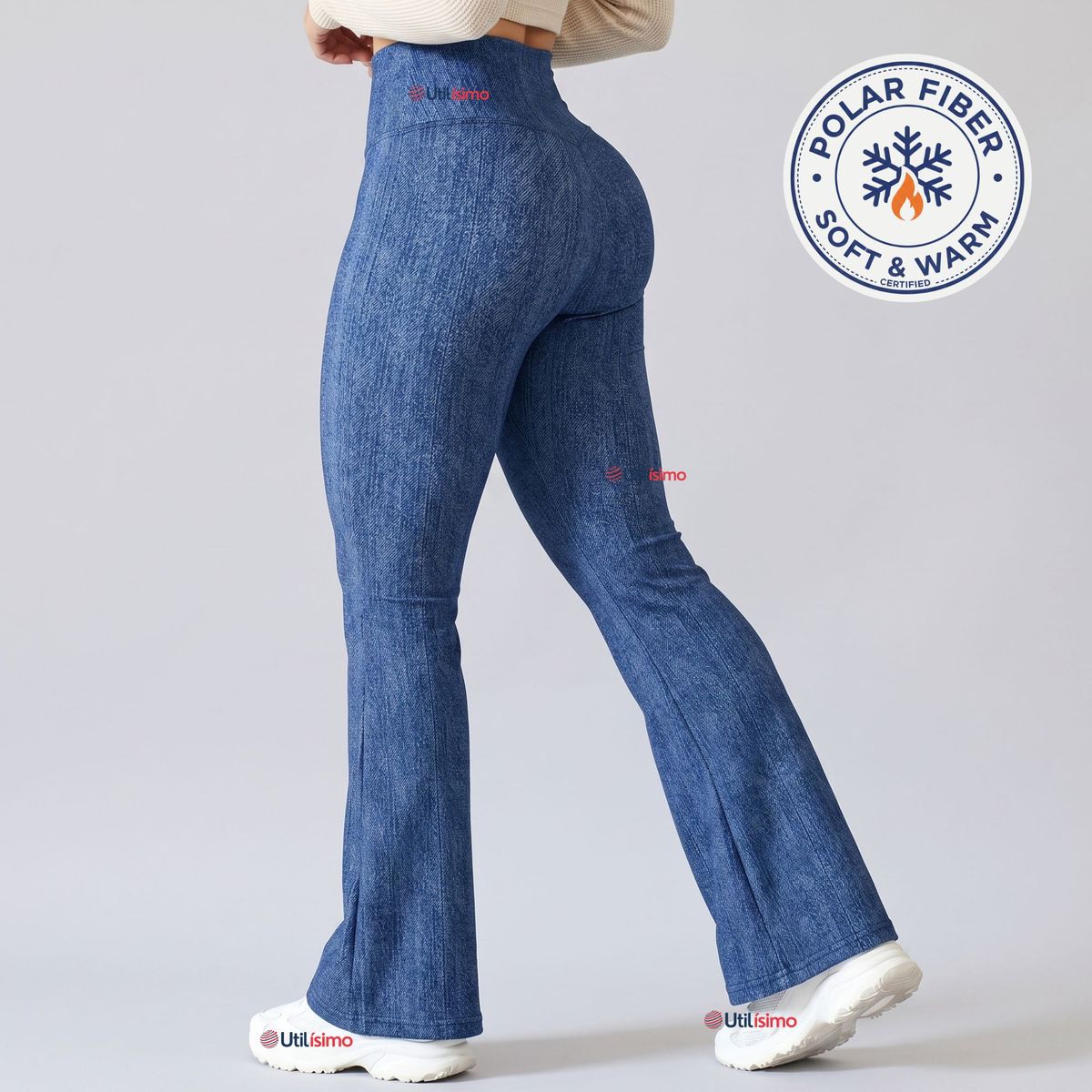 UTILISIMO - Pantalón Polar Con Chiporro Palazzo Mujer Calza Elasticada Térmica Azul Jeans