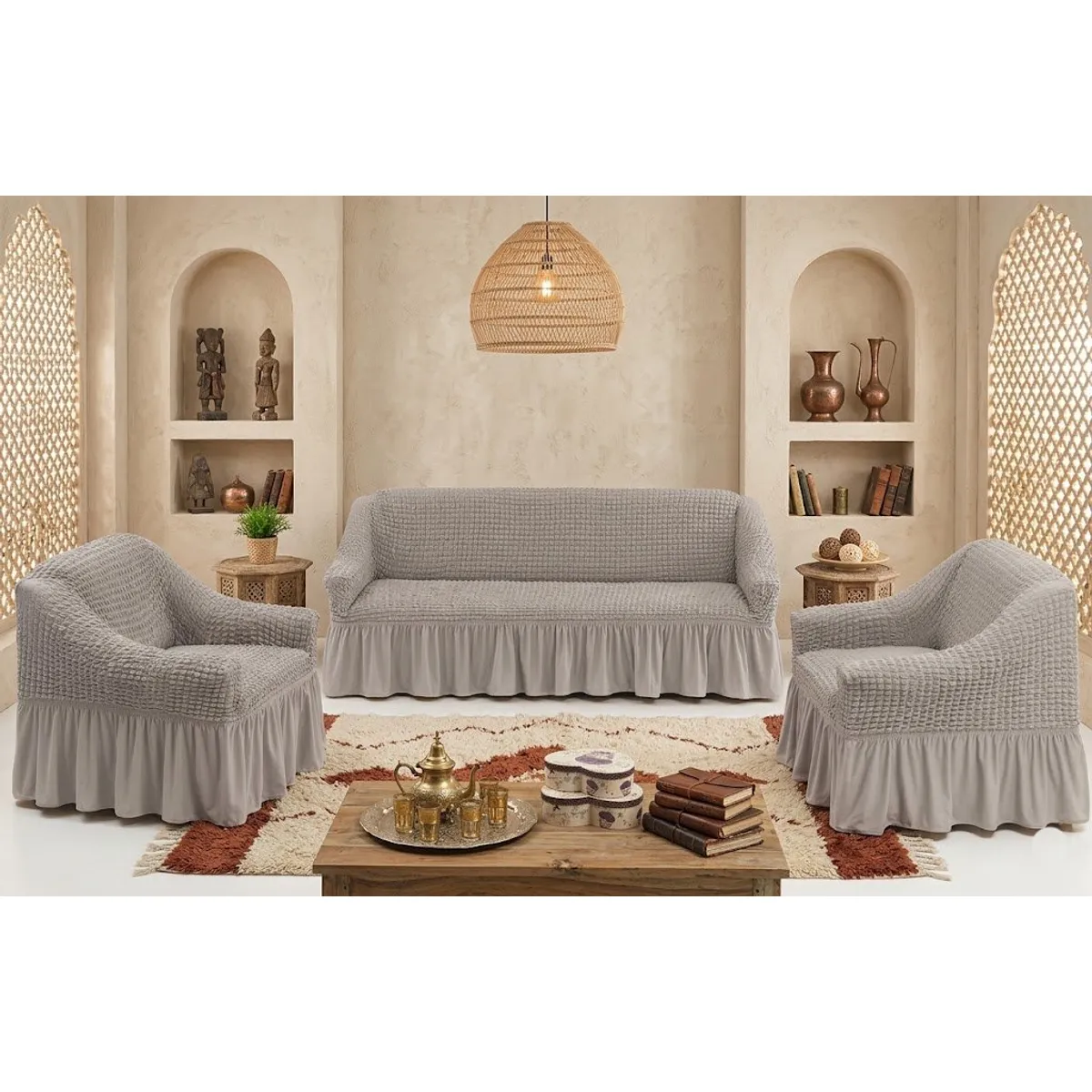 GENERICO - FUNDA SILLON 3 + 1 + 1 CUERPO DISEÑO TURCO UNICOLOR GRIS PLATA MP