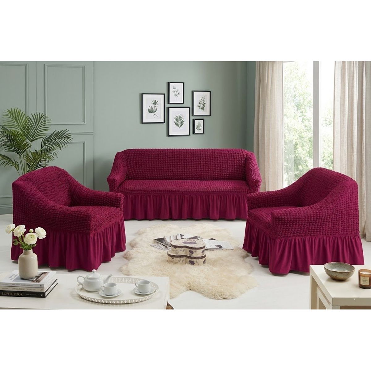 GENERICO - FUNDA SILLON 3 + 1 + 1 CUERPO DISEÑO TURCO UNICOLOR BURDEO MP