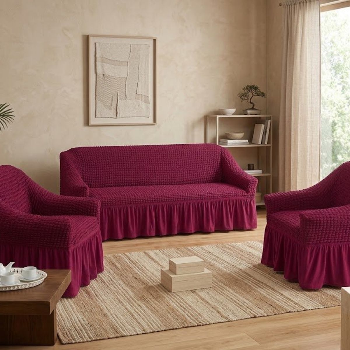 GENERICO - FUNDA SILLON 3 + 1 + 1 CUERPO DISEÑO TURCO UNICOLOR BURDEO MP