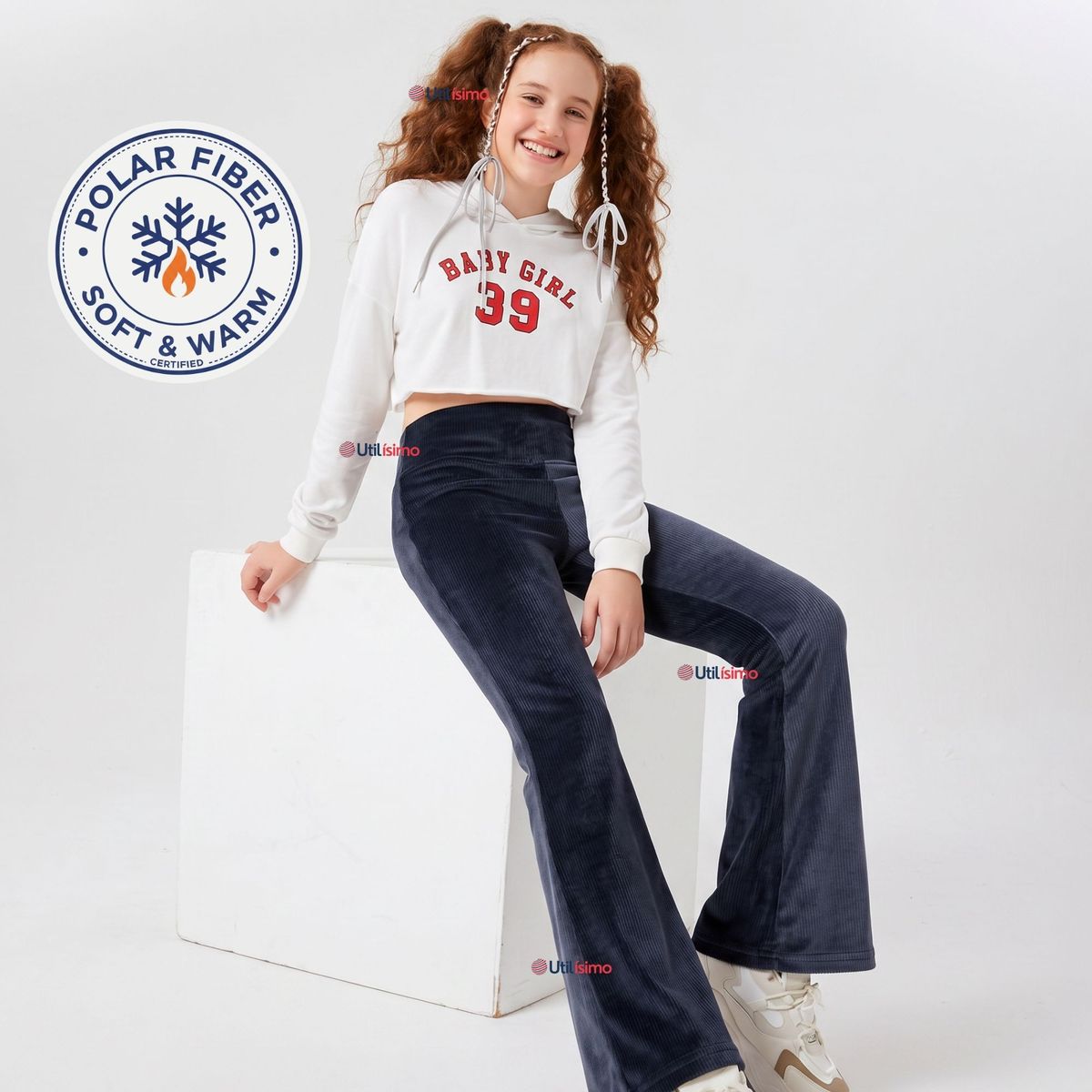 UTILISIMO - Pantalón Palazzo Polar Con Chiporro Niña Juvenil Calza Elasticada Térmica Navy Blue