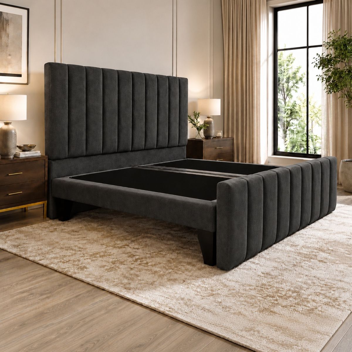GENERICO - Cama King Turin Gris Oscuro con Doble Respaldo  Diseño Moderno y Máximo Confort