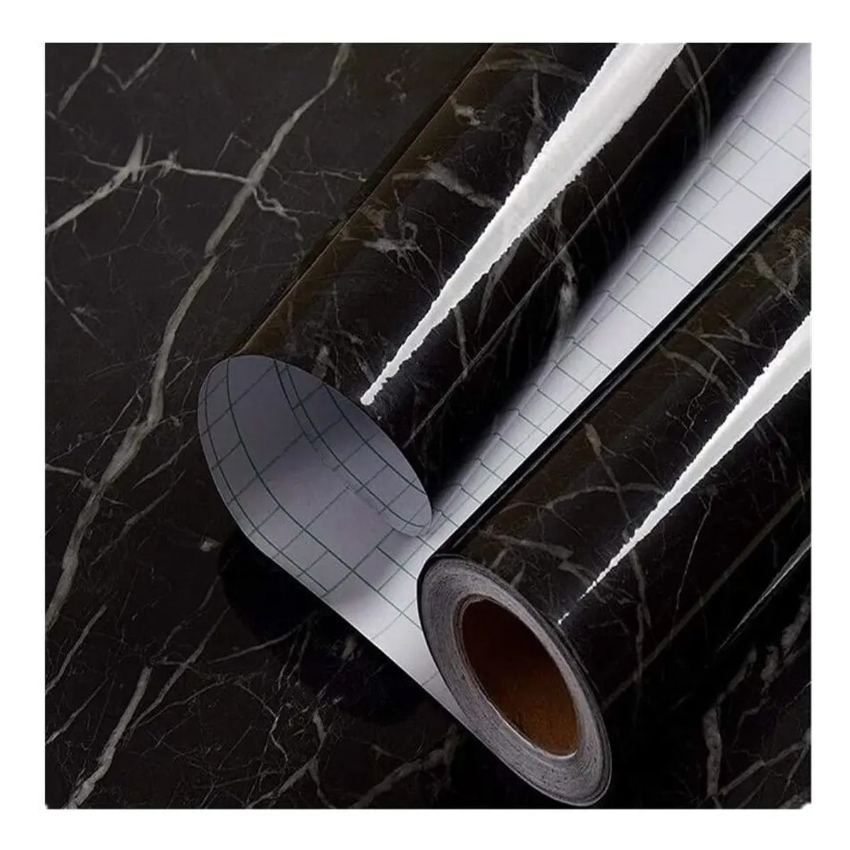 GENERICO - Rollo de Papel Tapiz Vinil Autoadhesivo Símil Mármol Negro Brillante con Vetas Blancas 10M