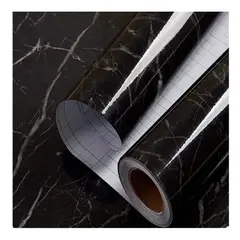 GENERICO - Rollo de Papel Tapiz Vinil Autoadhesivo Símil Mármol Negro Brillante con Vetas Blancas 10M