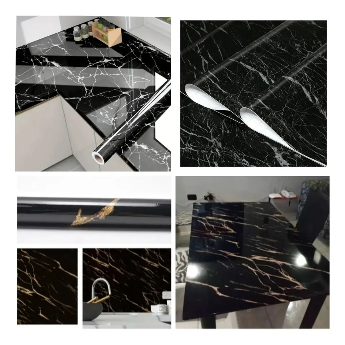 GENERICO - Rollo de Papel Tapiz Vinil Autoadhesivo Símil Mármol Negro Brillante con Vetas Blancas 10M
