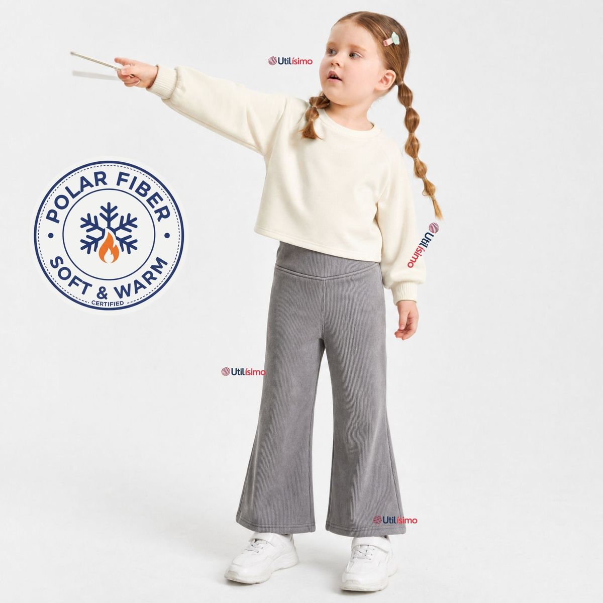 UTILISIMO - Pantalón Palazzo Niña Polar Con Chiporro Calza Elasticada Térmica Gris Melange