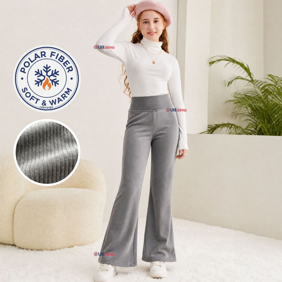 UTILISIMO - Pantalón Palazzo Niña Polar Con Chiporro Calza Elasticada Térmica Gris Melange