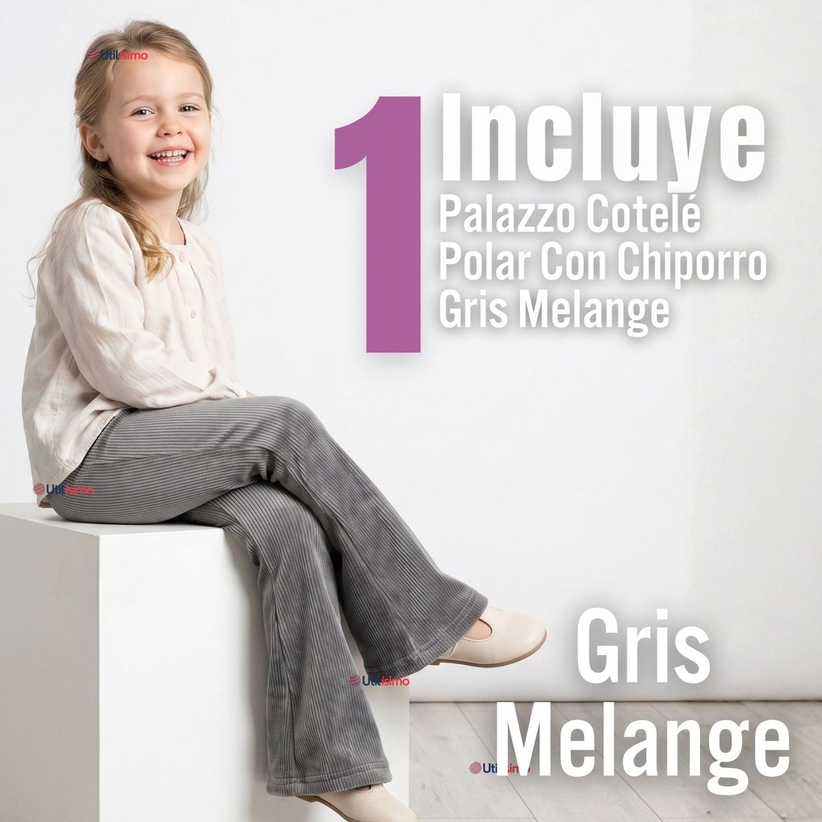 UTILISIMO - Pantalón Palazzo Niña Polar Con Chiporro Calza Elasticada Térmica Gris Melange