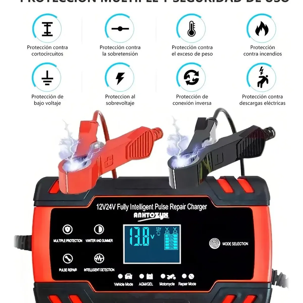 GENERICO - Cargador de Batería Auto y Moto 12v 24v - Rojo
