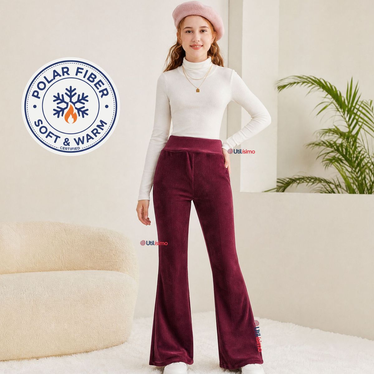 UTILISIMO - Pantalón Palazzo Polar Con Chiporro Niña Juvenil Calza  Elasticada Térmica Burdeo