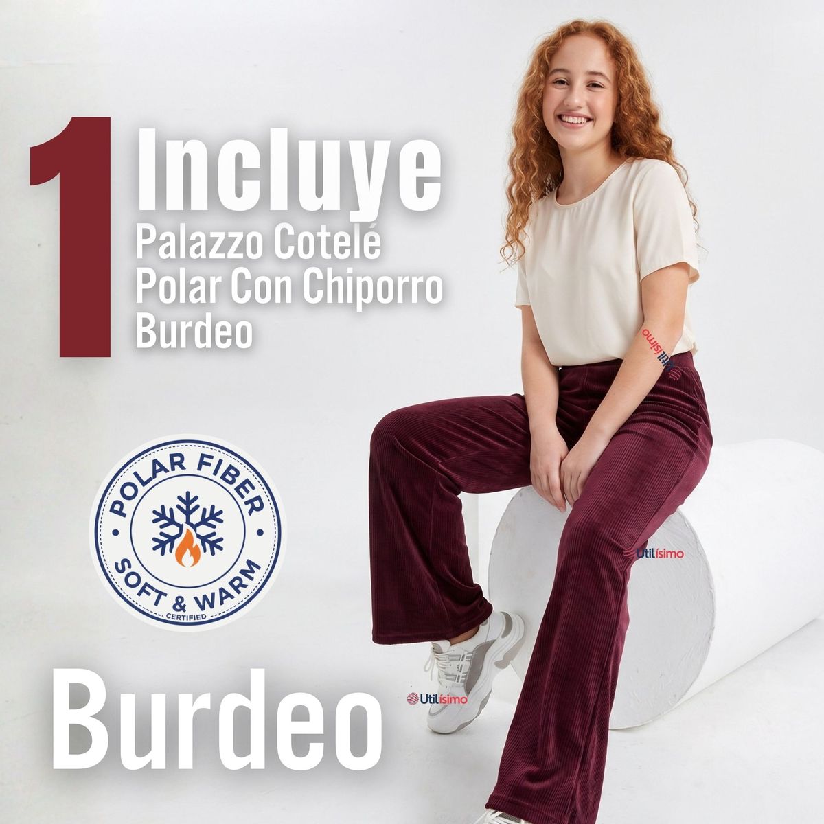 UTILISIMO - Pantalón Palazzo Polar Con Chiporro Niña Juvenil Calza  Elasticada Térmica Burdeo
