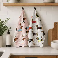 OEM - Set 2 Toallas De Cocina Perro Salchicha Dachshund Decorativo Beige