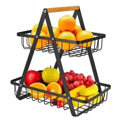 GENERICO - Frutero de Mesa 2 Niveles Metálico Negro Desmontable - Canasto Organizador de Frutas Cocina Hogar