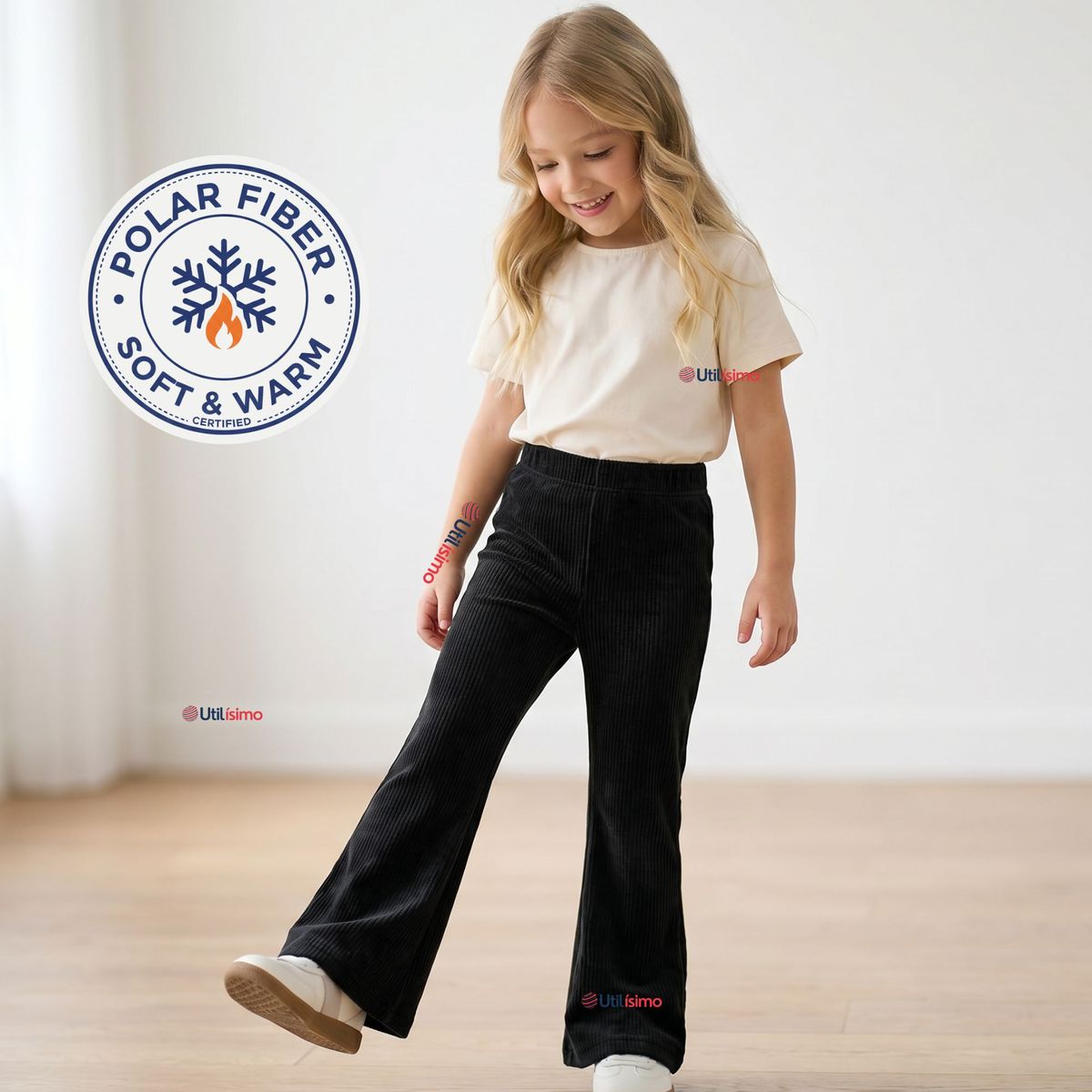 UTILISIMO - Pantalón Palazzo Polar Con Chiporro Niña Calza Elasticada Térmica Negra
