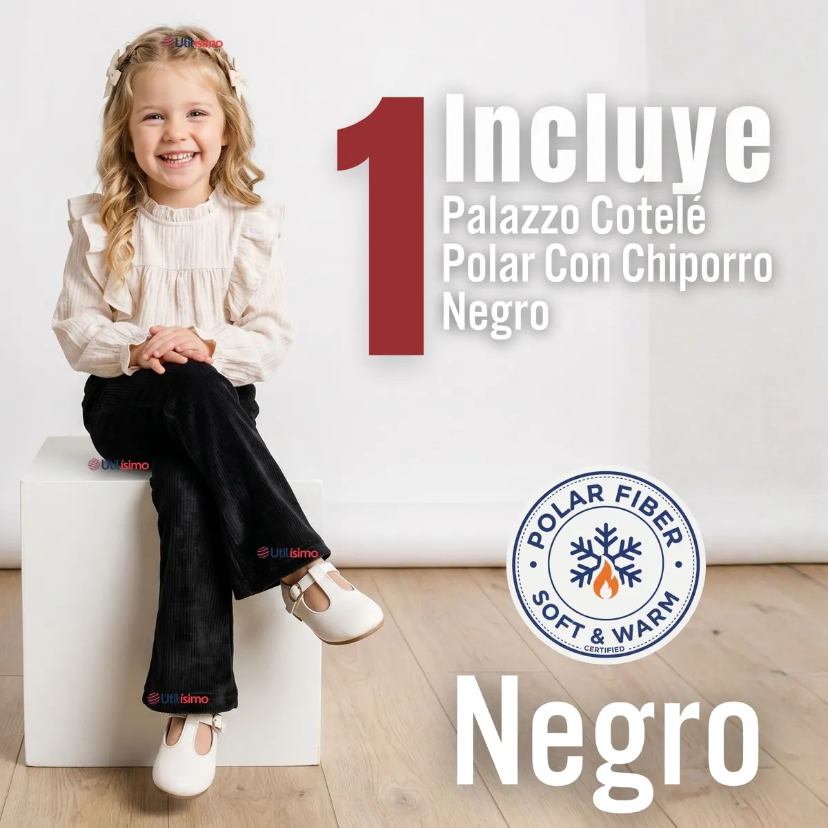 UTILISIMO - Pantalón Palazzo Polar Con Chiporro Niña Calza Elasticada Térmica Negra