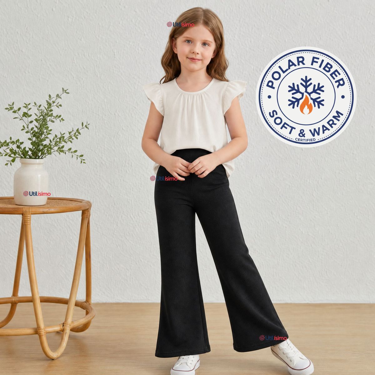 UTILISIMO - Pantalón Palazzo Polar Con Chiporro Niña Calza Elasticada Térmica Negra