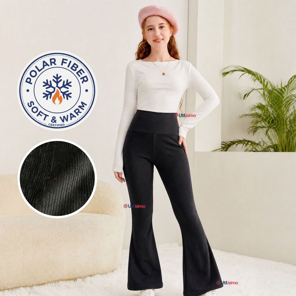 UTILISIMO - Pantalón Palazzo Polar Con Chiporro Niña Calza Elasticada Térmica Negra