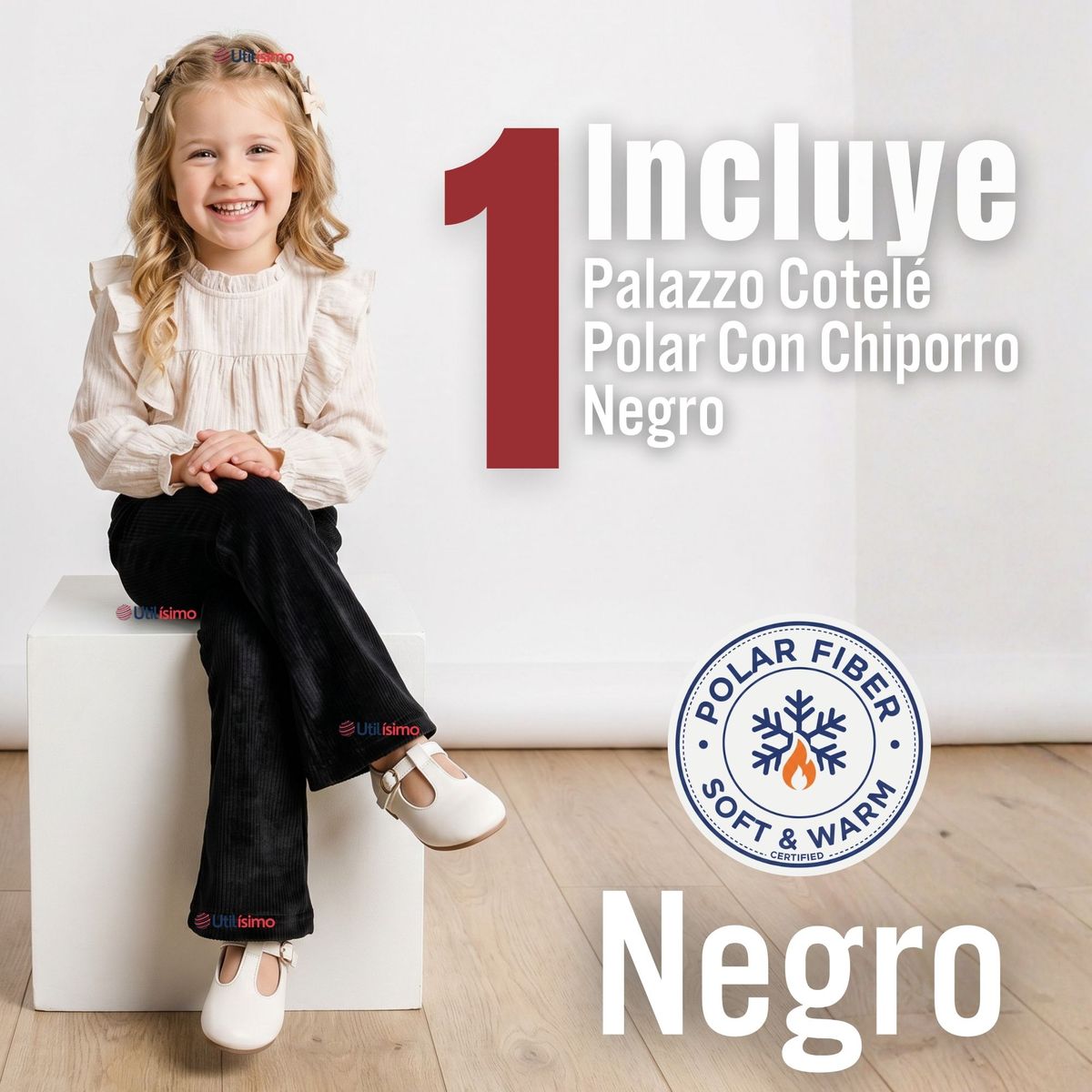 UTILISIMO - Pantalón Palazzo Polar Con Chiporro Niña Calza Elasticada Térmica Negra