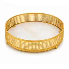 GENERICO - Bandeja Decorativa Redonda Dorada con Base Tipo Mármol 20,5 cm