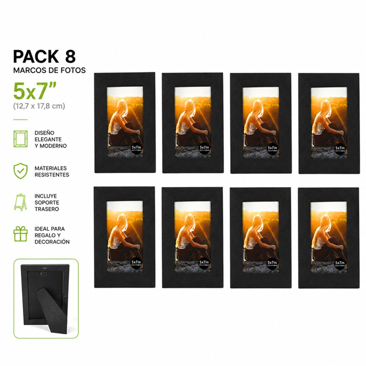 GENERICO - Pack 8 Marcos de Fotos Negros Decorativos 5x7" – Portarretratos Elegantes para Hogar y Oficina  Descripción: